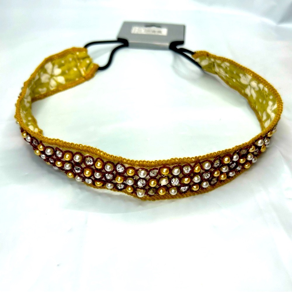 New in Package Headband Headpiece Pearl Gold Clear Jewel Stretchy Feminine